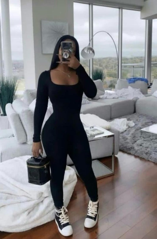 Elegant Fitted Long Jumpsuit with U-Neck