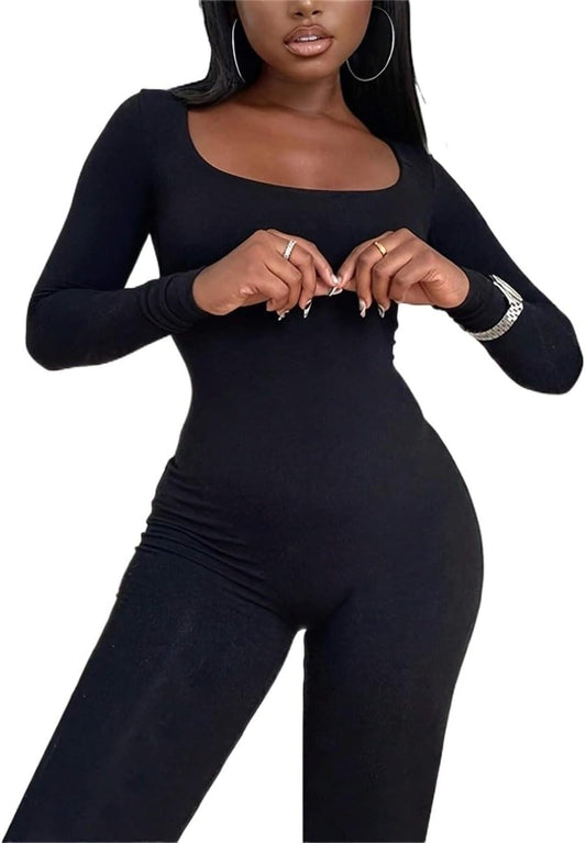 Elegant Fitted Long Jumpsuit with U-Neck