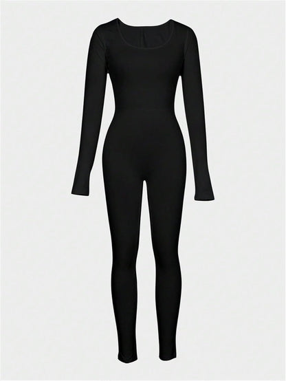 Elegant Fitted Long Jumpsuit with U-Neck