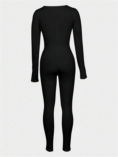 Elegant Fitted Long Jumpsuit with U-Neck