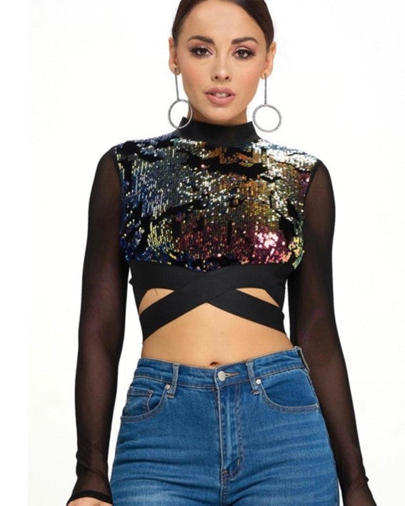Sequin Cross-Front Crop Top with Mesh Sleeves