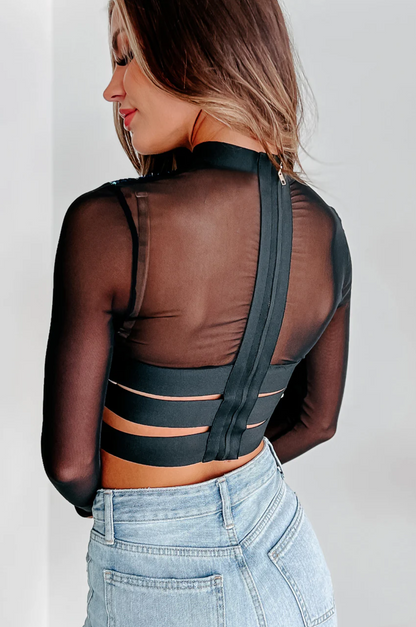 Sequin Cross-Front Crop Top with Mesh Sleeves